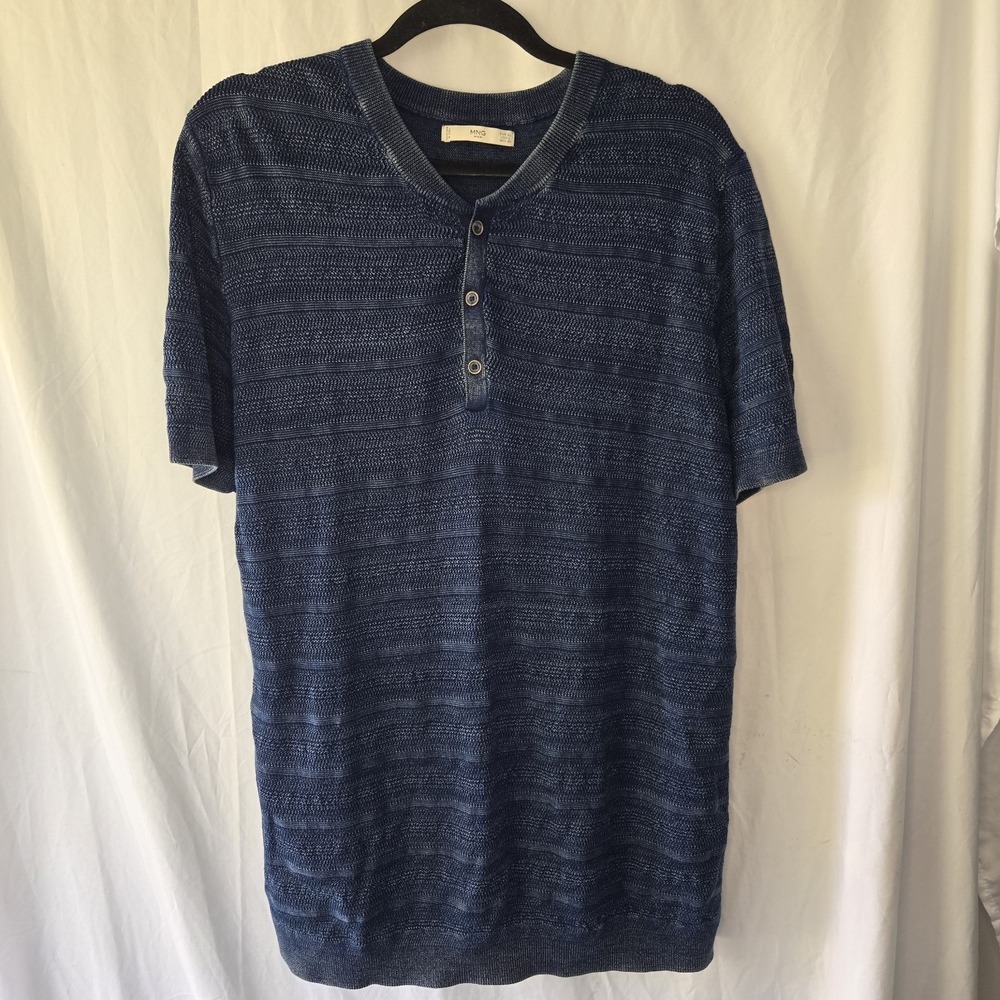 MNG Man Textured Short Sleeve Knit Shirt Henley Navy Men's Large Resort‎ Coastal